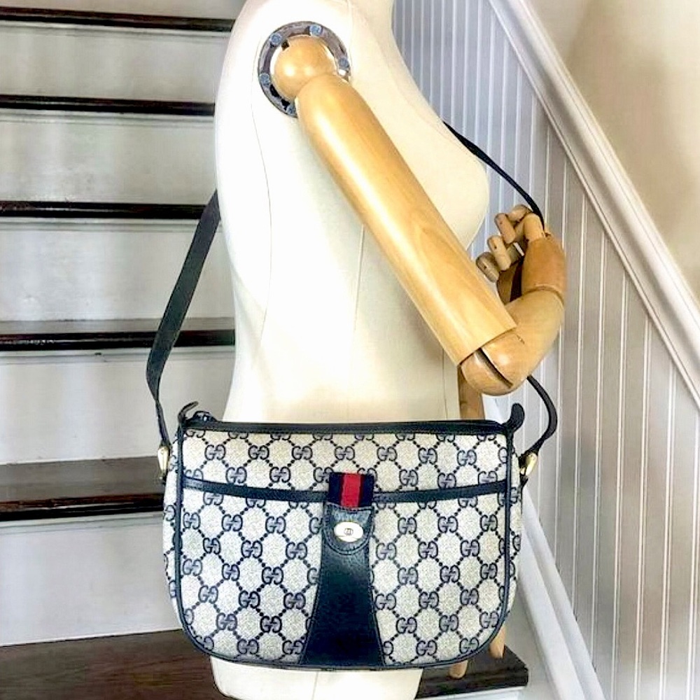 GUCCI GG Navy Sherry Line Leather and Coated Canvas Crossbody Shoulder Bag - Picture 3 of 17